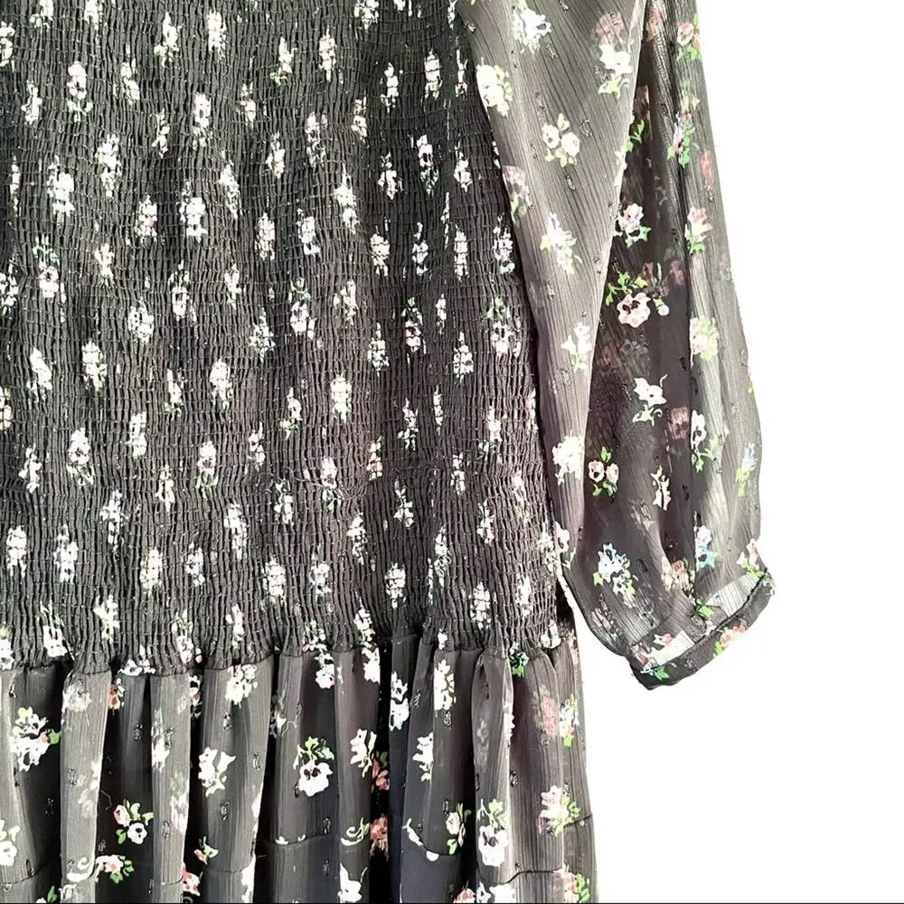 Zara Girls Smocked Black Floral Tulle Dress - Size 11/12